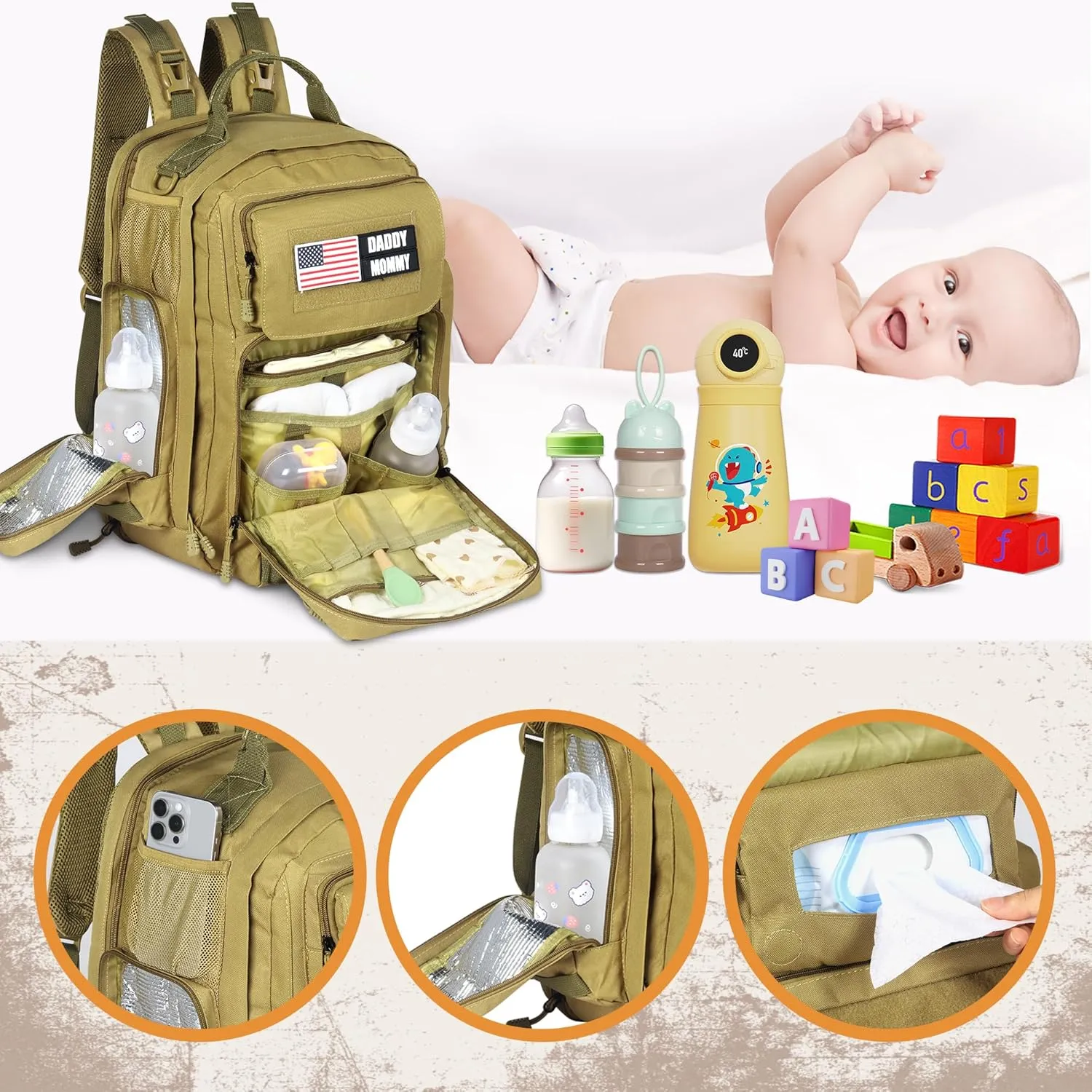 MABOZOO Diaper Bag Backpack for Dad, Brown Military Diaper Bag Backpack with Waterproof Changing Pad,Large Mens Baby Bag,Unisex Molle Style Baby Backpack Bag