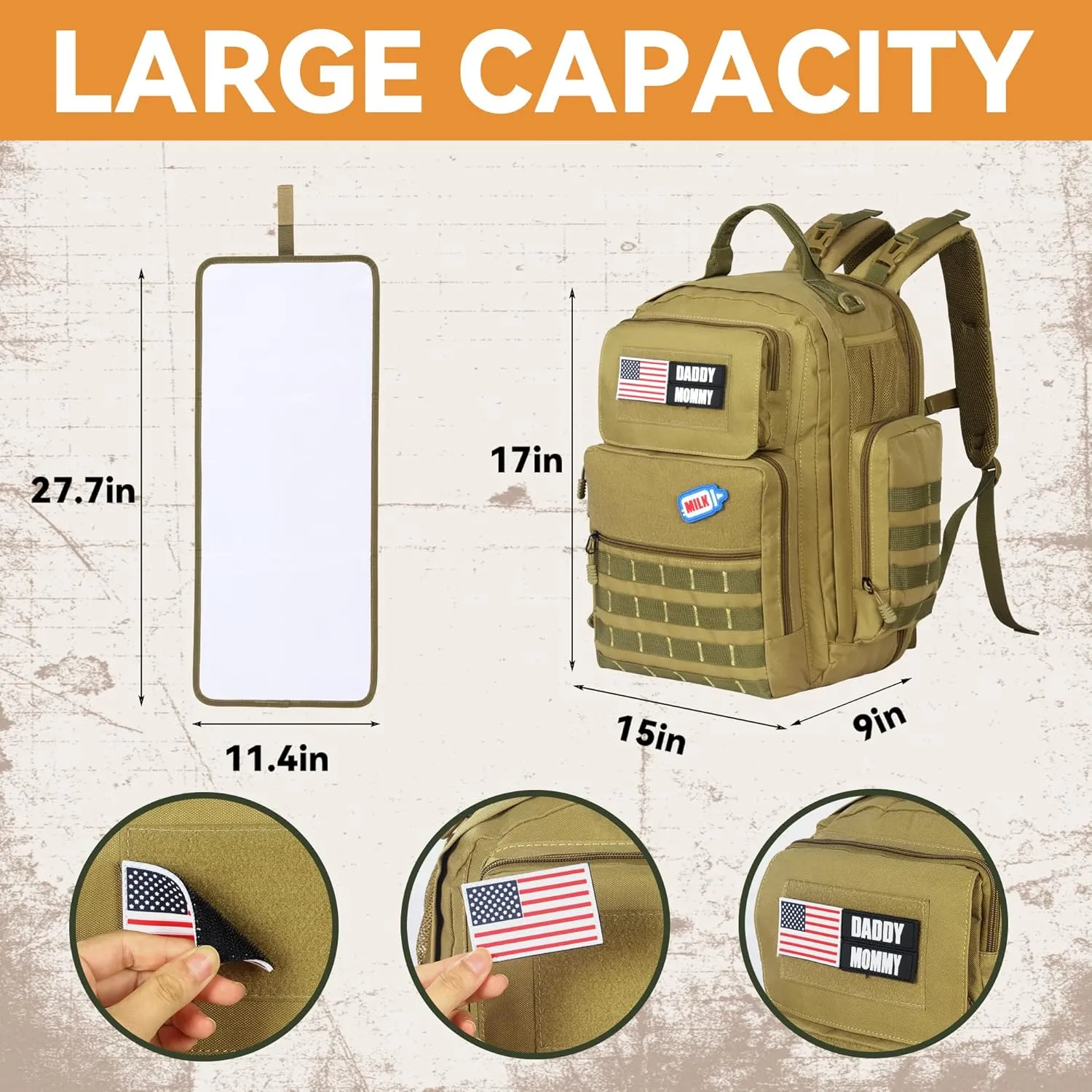 MABOZOO Diaper Bag Backpack for Dad, Brown Military Diaper Bag Backpack with Waterproof Changing Pad,Large Mens Baby Bag,Unisex Molle Style Baby Backpack Bag