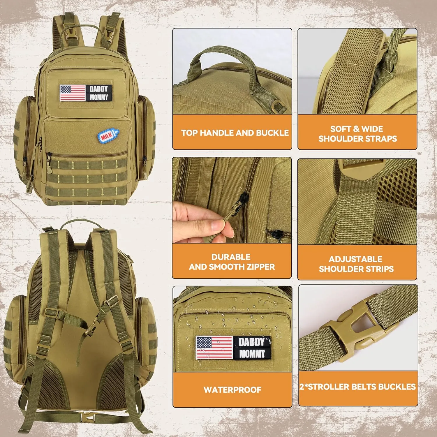 MABOZOO Diaper Bag Backpack for Dad, Brown Military Diaper Bag Backpack with Waterproof Changing Pad,Large Mens Baby Bag,Unisex Molle Style Baby Backpack Bag