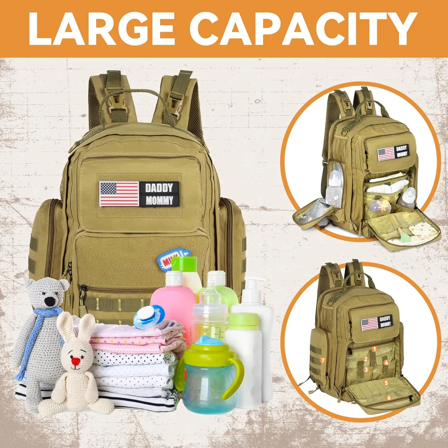 MABOZOO Diaper Bag Backpack for Dad, Brown Military Diaper Bag Backpack with Waterproof Changing Pad,Large Mens Baby Bag,Unisex Molle Style Baby Backpack Bag