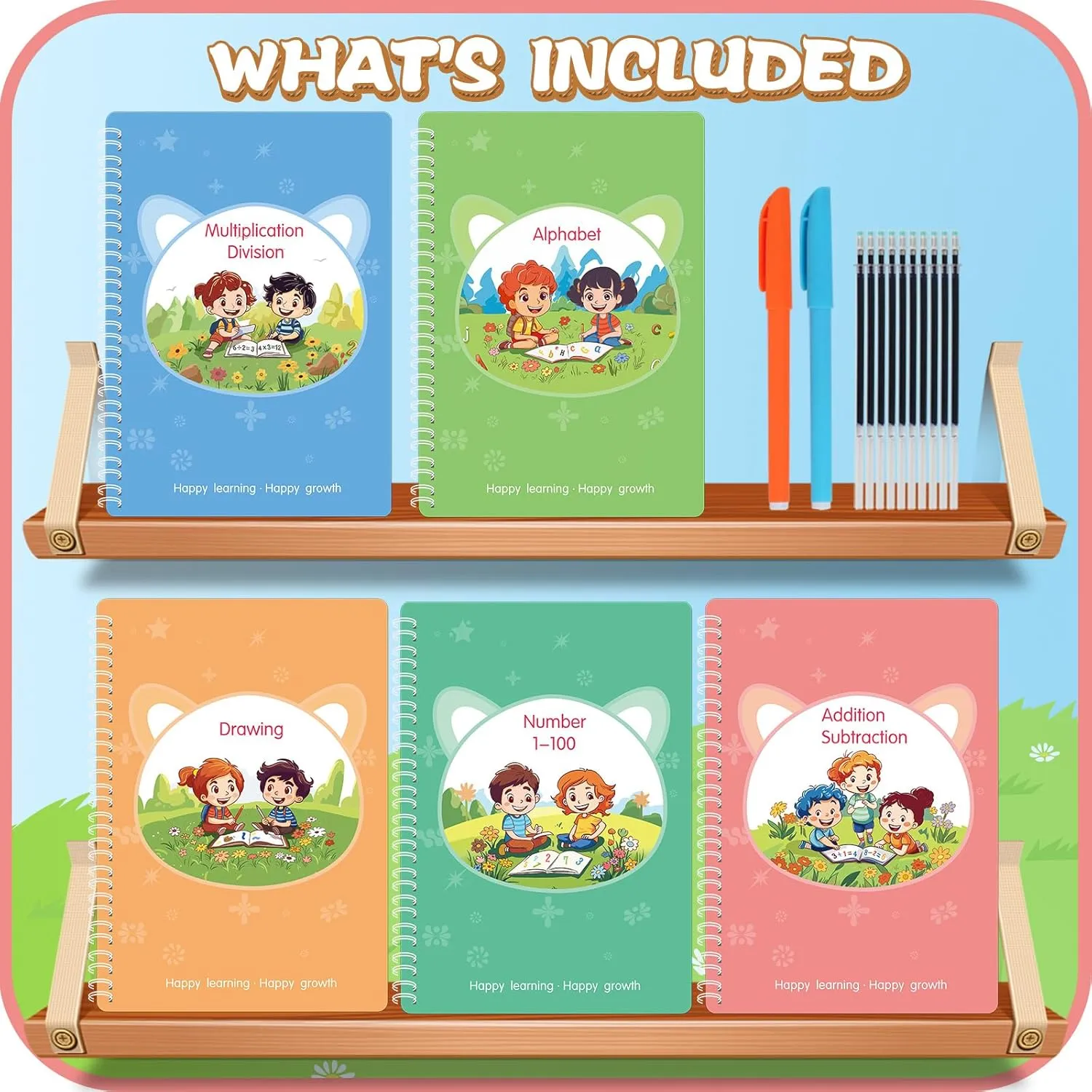 Magic Practice Copybook, Reusable Writing Practice Book, for Preschool Kids Age 3-8 ​Calligraphy 9.44in×6.29in(5 Books with Pens)