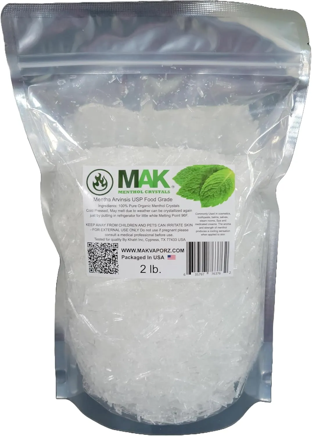 Mak Menthol Crystals 2 LB - Pure Organic 100% Natural - Menthol Crystals from Mint Crystal Mints Mentha Arvensis - Comes in Resealable Standup Bag for Long-Lasting Freshness