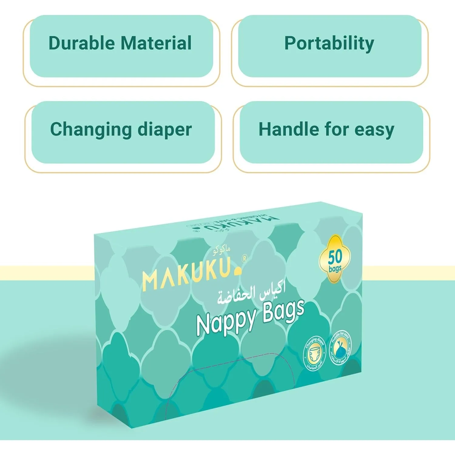 Makuku Nappy Bags 50 Count - Disposable Diaper Bags, Mildly Scented, Hygienic, Easy-Tie Handles, Eliminates Odor
