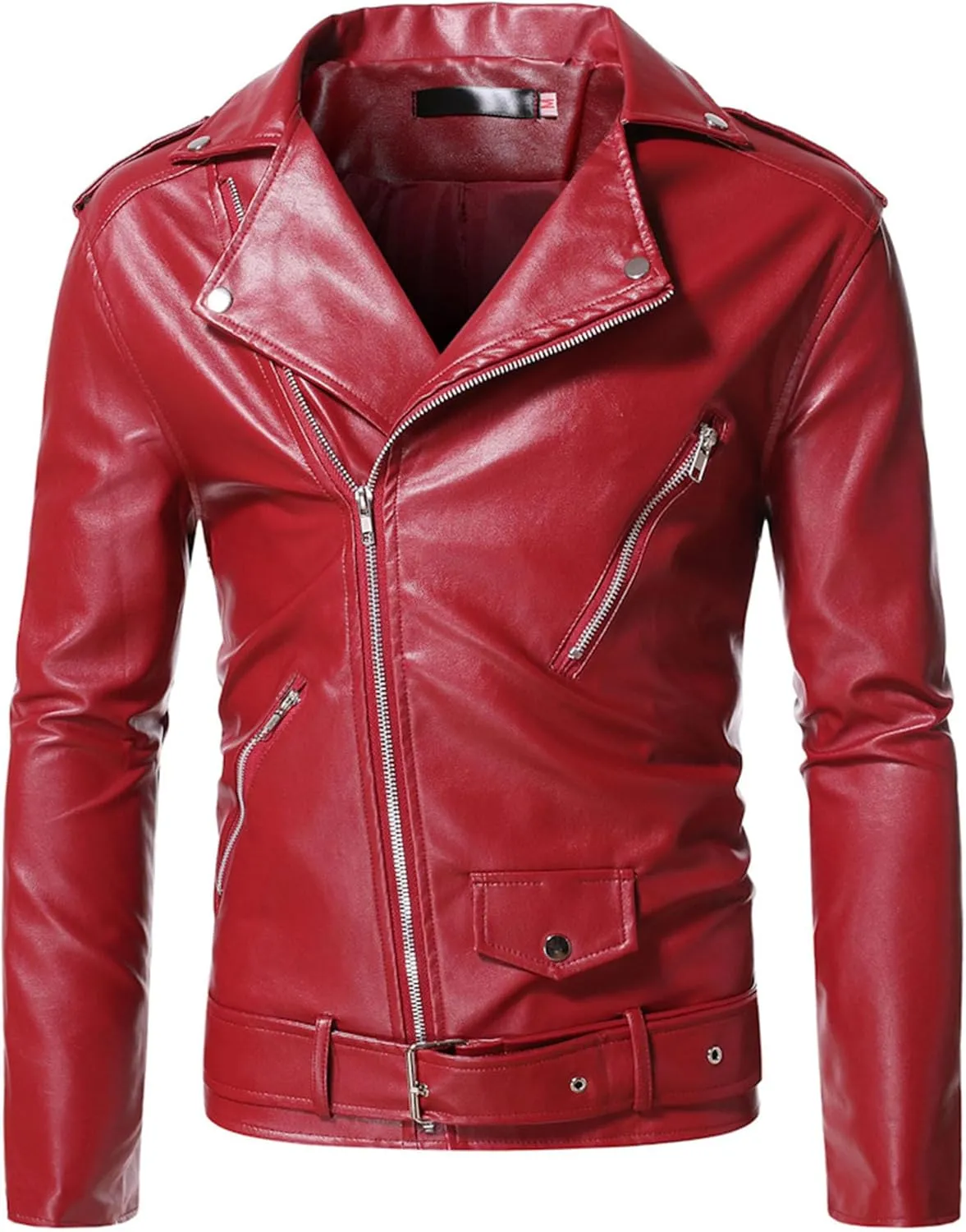 Male Motorcycle Racer Jackets Lapel Asymmetric Zip-Up Coats Casual Belted Motor Jacket All-Weather Riding