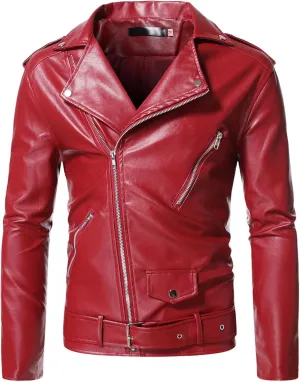 Male Motorcycle Racer Jackets Lapel Asymmetric Zip-Up Coats Casual Belted Motor Jacket All-Weather Riding