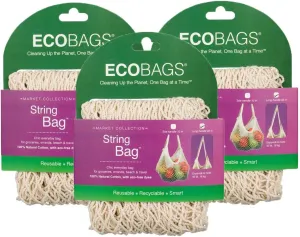 Market Collection Reusable String Bag, Natural, Long Handle, Pack of 3