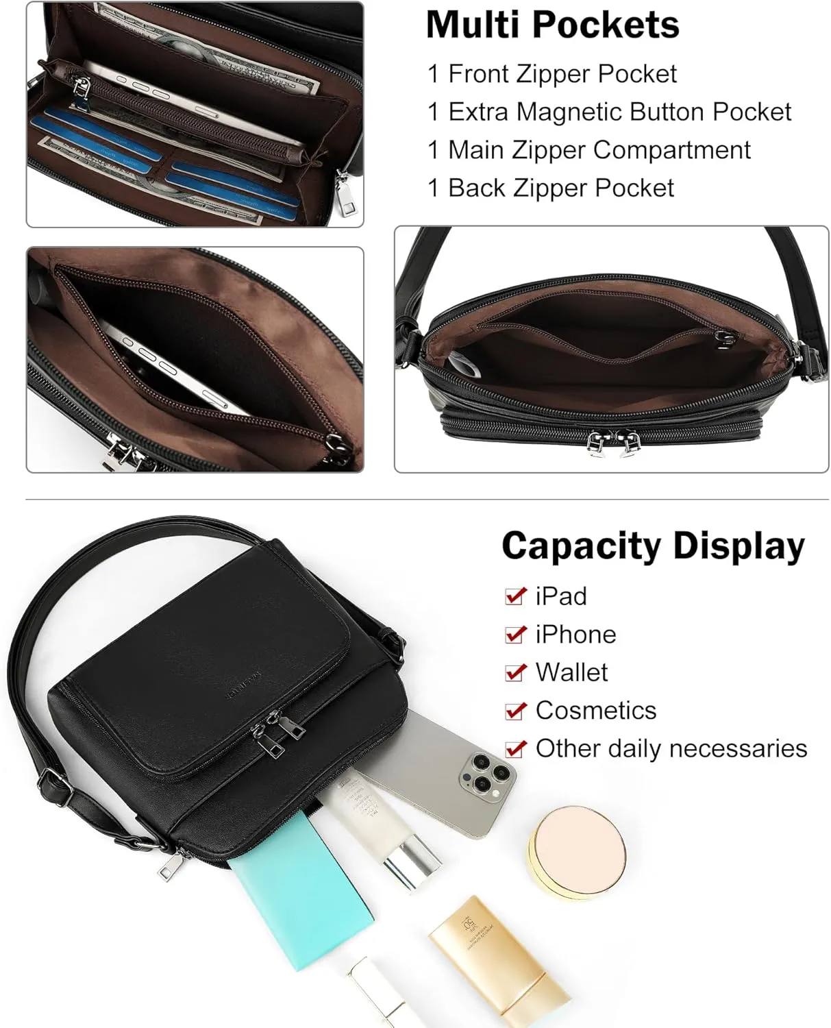 MASINTOR Crossbody Purse Bags for Women, Multi-Pocket Soft Leather Shoulder Purse with Tassel, Lightweight Travel Handbag