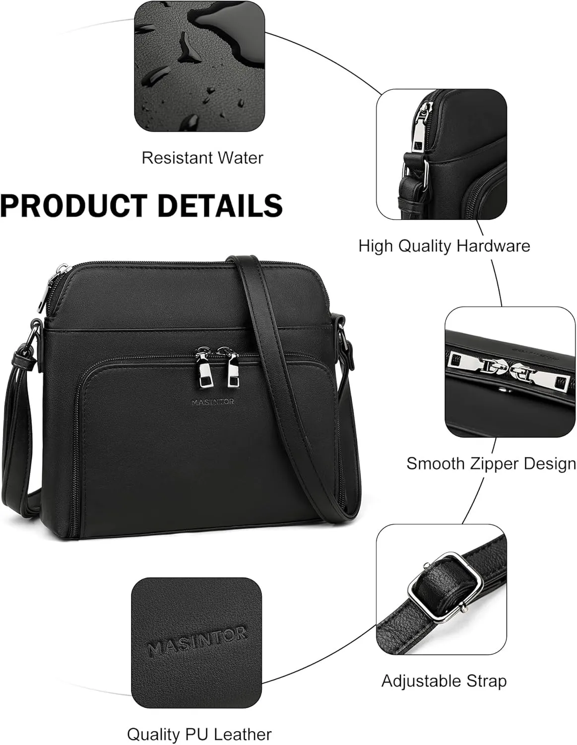 MASINTOR Crossbody Purse Bags for Women, Multi-Pocket Soft Leather Shoulder Purse with Tassel, Lightweight Travel Handbag