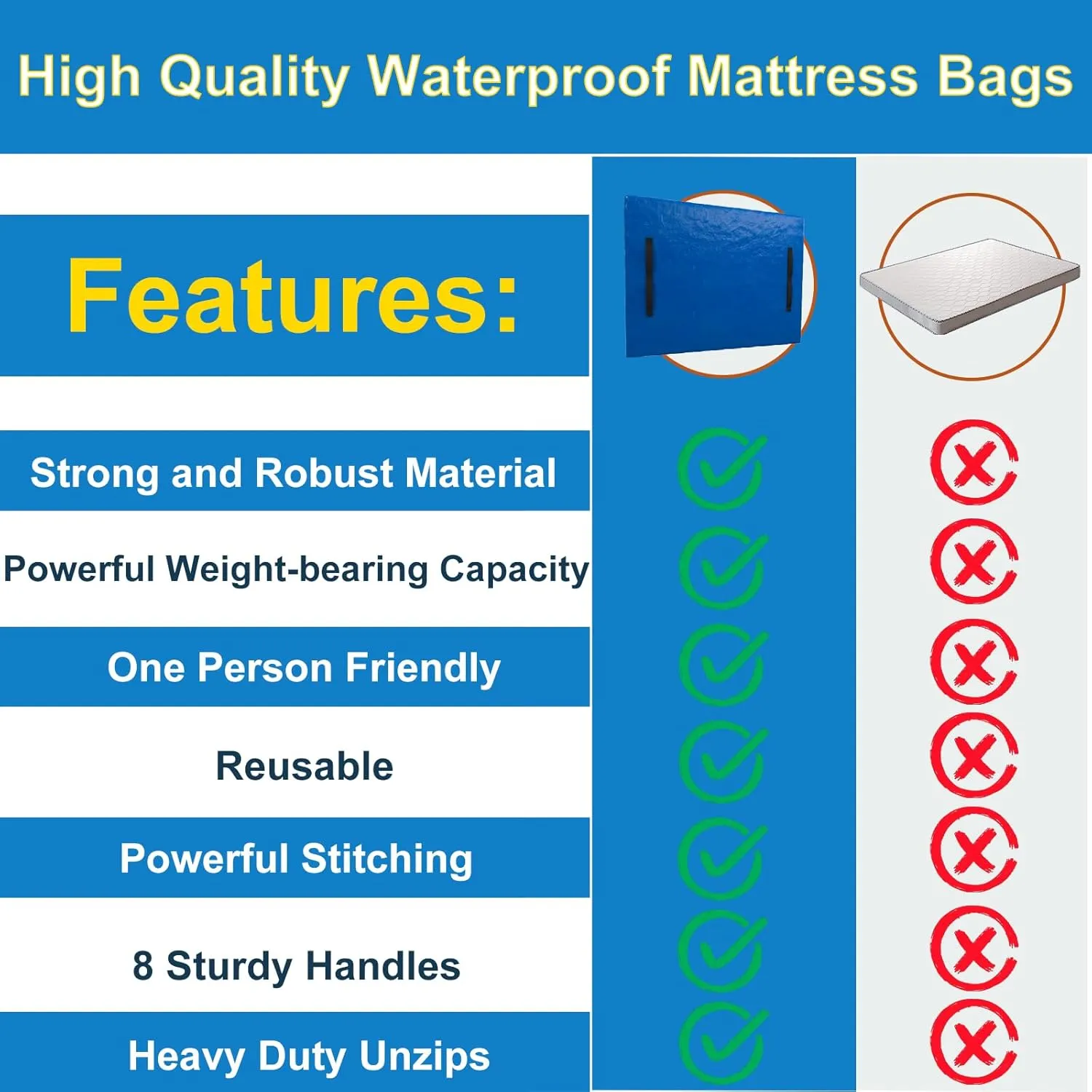 Mattress Bags for Moving, Reusable Heavy Duty Moving Supplies, Premium Mattress Protector with 8 Sturdy Handles, Durable Zipper & Waterproof Protection for Moving & Storage, King Size