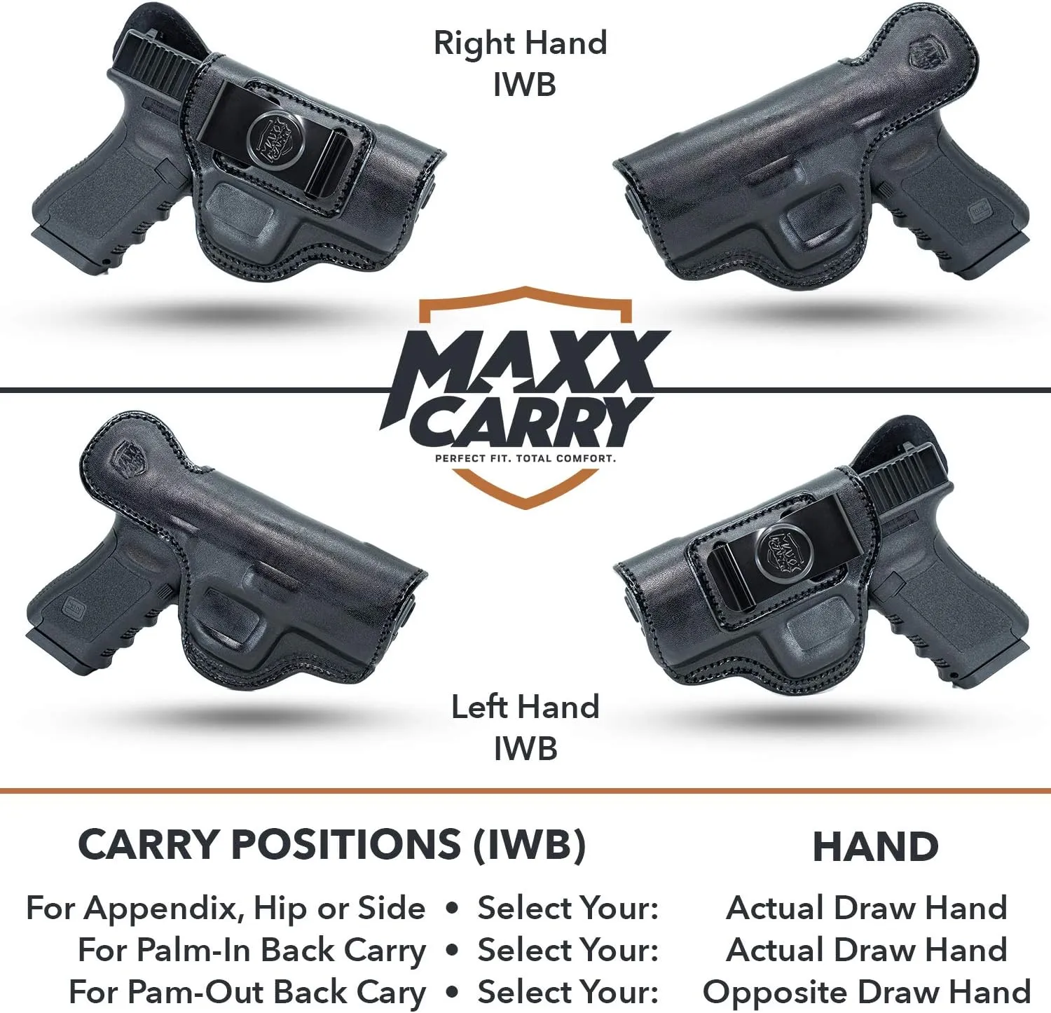 Maxx Carry IWB Leather Gun Holster for Walther PPQ, PPQ M2, PPQ .45 | CANIK TP9SF Elite | FN FNX45 | H&K HK 45, USP 9mm & 40 S&W | Sig Sauer P250 Compact