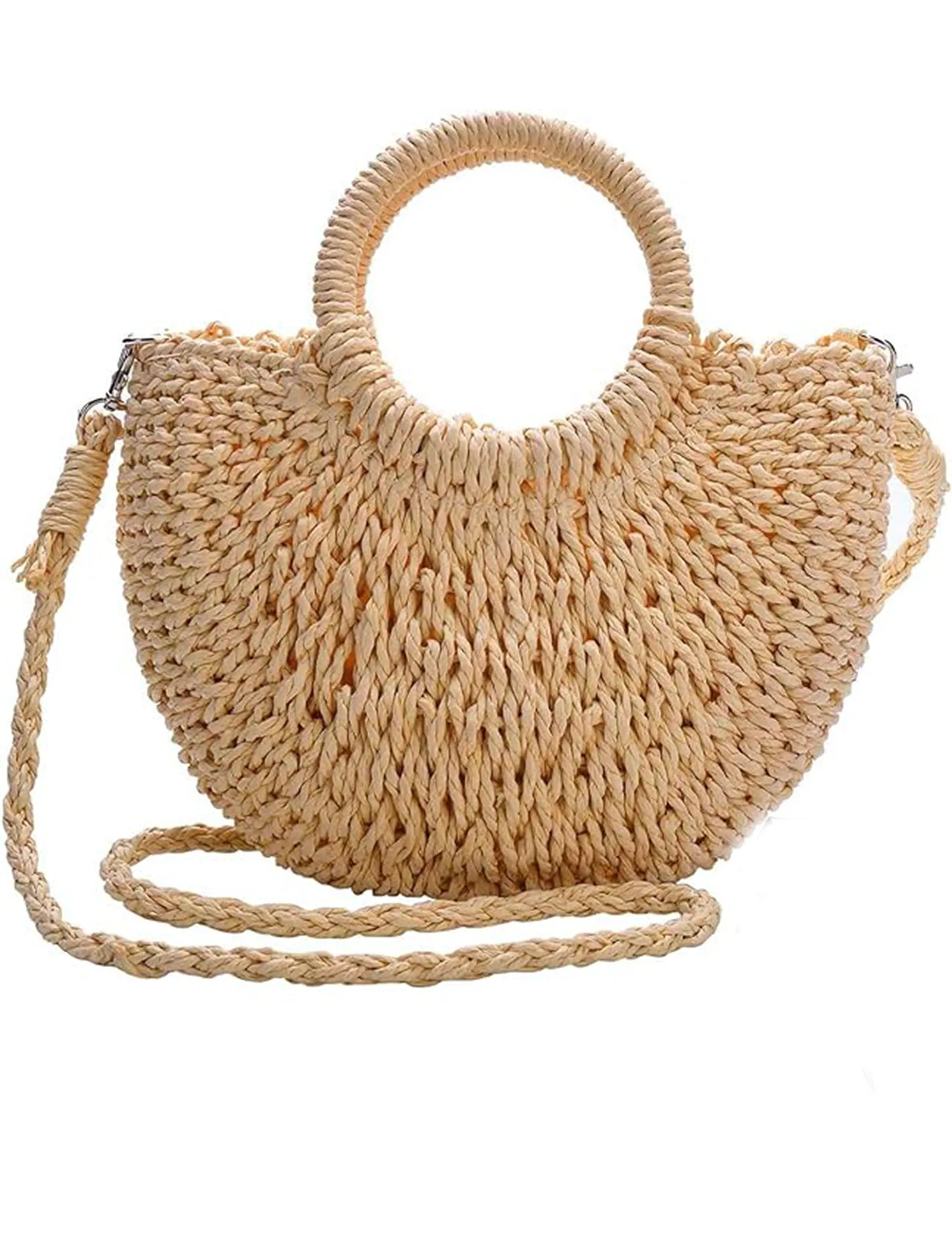 Medium Horseshoe Straw Bag, Tan