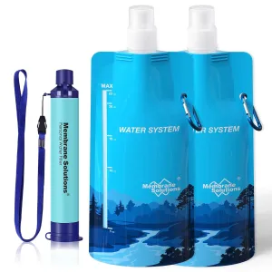 Membrane Solutions Squeezable Water Filtration System, Survival Water Purifier Kit, Portable Backpacking Gear Including Water Filter Straw and 23oz Collapsible Bottle for Hiking Camping Travel(1 2)