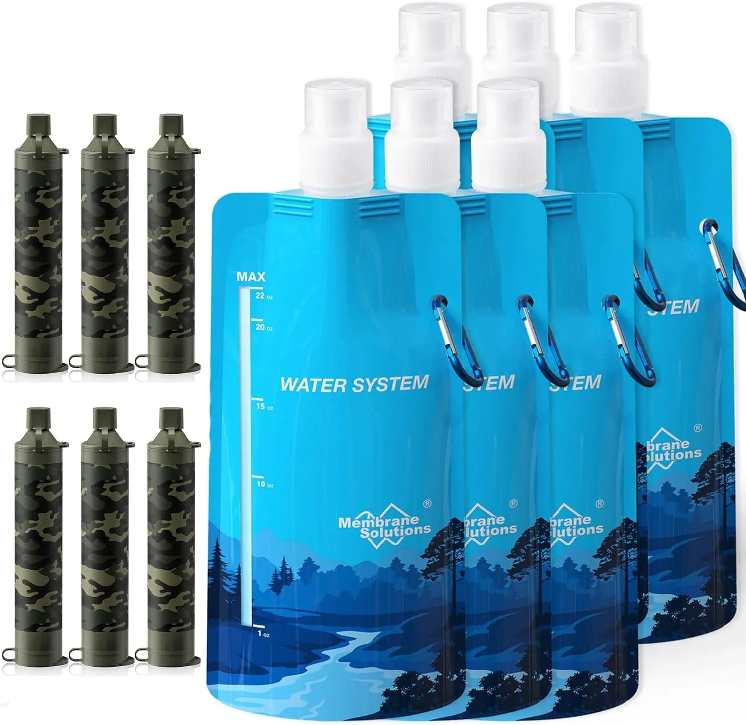 Membrane Solutions Squeezable Water Filtration System, Survival Water Purifier Kit, Portable Backpacking Gear Including Water Filter Straw and 23oz Collapsible Bottle for Hiking Camping Travel(6 6)