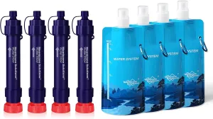 Membrane Solutions WS02 Detachable Water Filter Straw (Pack of 4) with 23oz Collapsible Squeezable Water Pouch (Set of 4)