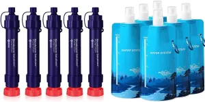 Membrane Solutions WS02 Detachable Water Filter Straw (Pack of 5) with 23oz Collapsible Squeezable Water Pouch (Set of 6)