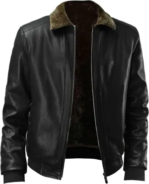 Men Vintage Leather Coat Male Fashion Suede Sherpa Jacket Fur Collar Classic Pu Coats Thick Warm Faux Leathers (Black,X-Large)