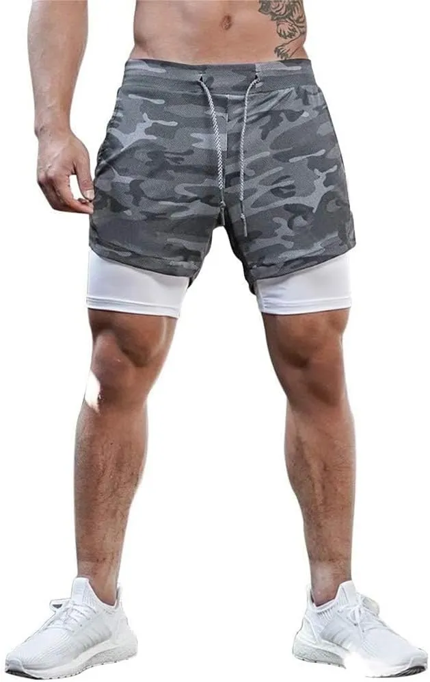Men’s 2 in 1 Running Shorts with Pockets Quick Dry Breathable Active Gym Workout Shorts