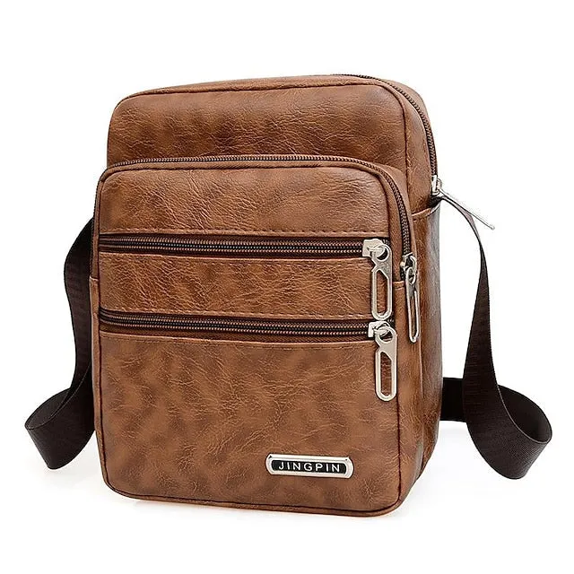 Men's Black Faux Leather Crossbody Bag - Multi-Pocket Shoulder Bag for Travel, Work, or Casual Use