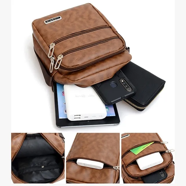 Men's Black Faux Leather Crossbody Bag - Multi-Pocket Shoulder Bag for Travel, Work, or Casual Use