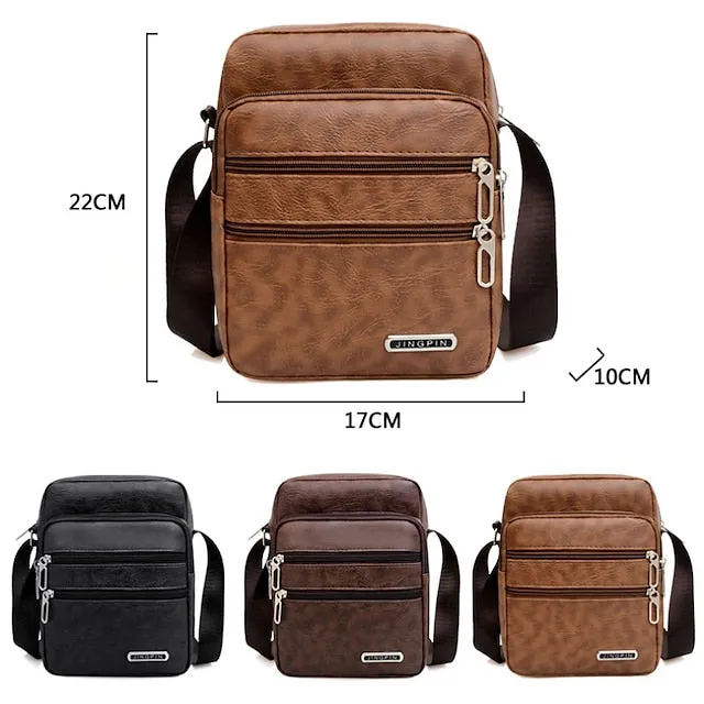 Men's Black Faux Leather Crossbody Bag - Multi-Pocket Shoulder Bag for Travel, Work, or Casual Use