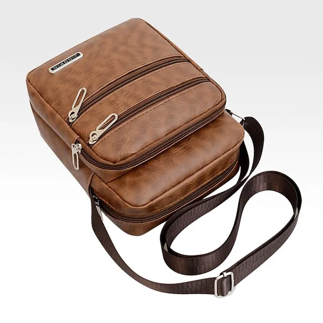 Men's Black Faux Leather Crossbody Bag - Multi-Pocket Shoulder Bag for Travel, Work, or Casual Use
