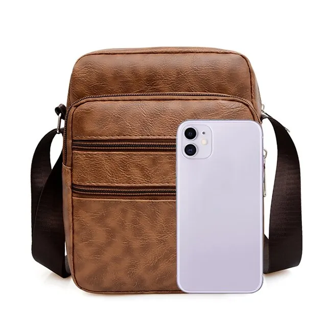 Men's Black Faux Leather Crossbody Bag - Multi-Pocket Shoulder Bag for Travel, Work, or Casual Use