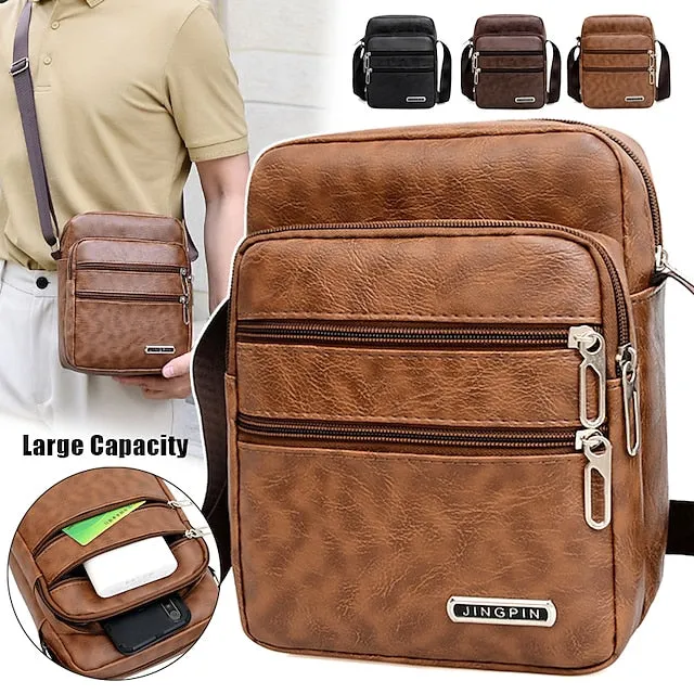 Men's Black Faux Leather Crossbody Bag - Multi-Pocket Shoulder Bag for Travel, Work, or Casual Use