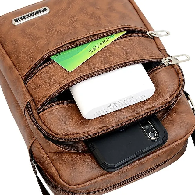 Men's Black Faux Leather Crossbody Bag - Multi-Pocket Shoulder Bag for Travel, Work, or Casual Use