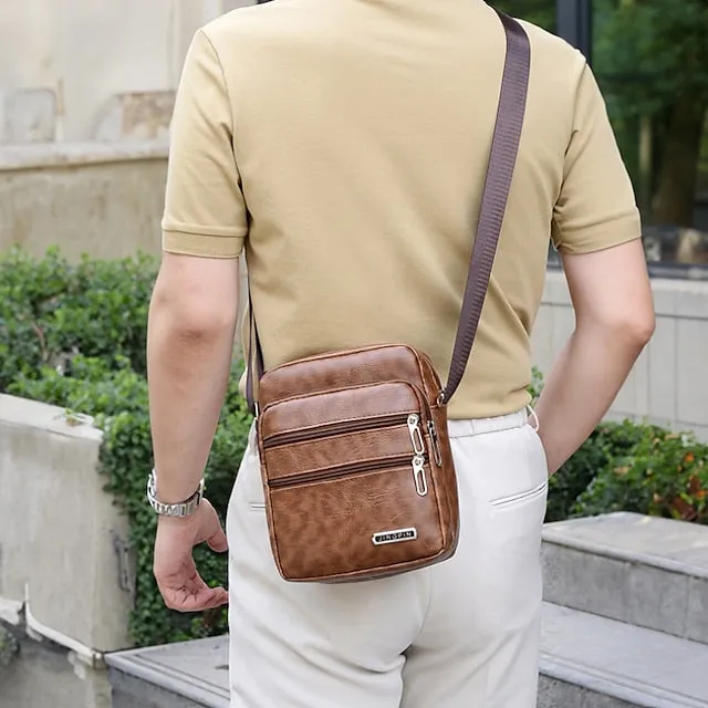 Men's Black Faux Leather Crossbody Bag - Multi-Pocket Shoulder Bag for Travel, Work, or Casual Use