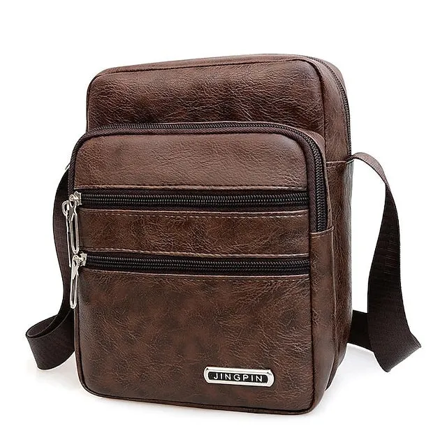 Men's Black Faux Leather Crossbody Bag - Multi-Pocket Shoulder Bag for Travel, Work, or Casual Use