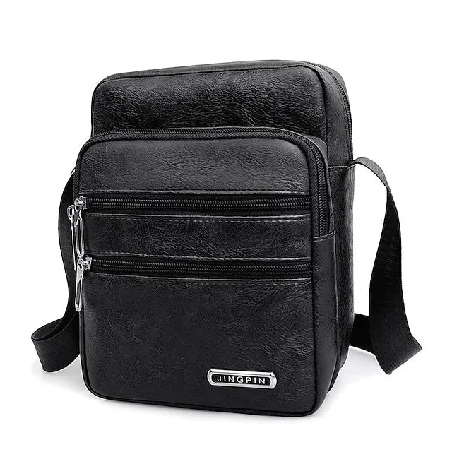 Men's Black Faux Leather Crossbody Bag - Multi-Pocket Shoulder Bag for Travel, Work, or Casual Use