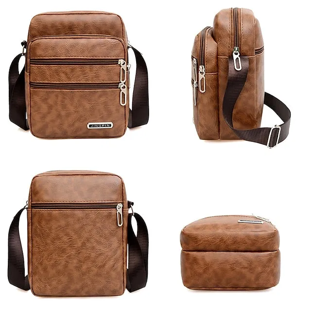 Men's Black Faux Leather Crossbody Bag - Multi-Pocket Shoulder Bag for Travel, Work, or Casual Use
