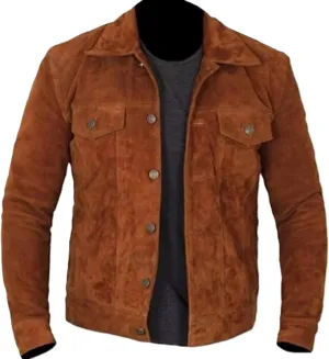 Men's Brown Suede Leather Trucker Jacket Moto Biker Buttoned Jacket Denim Style Coat