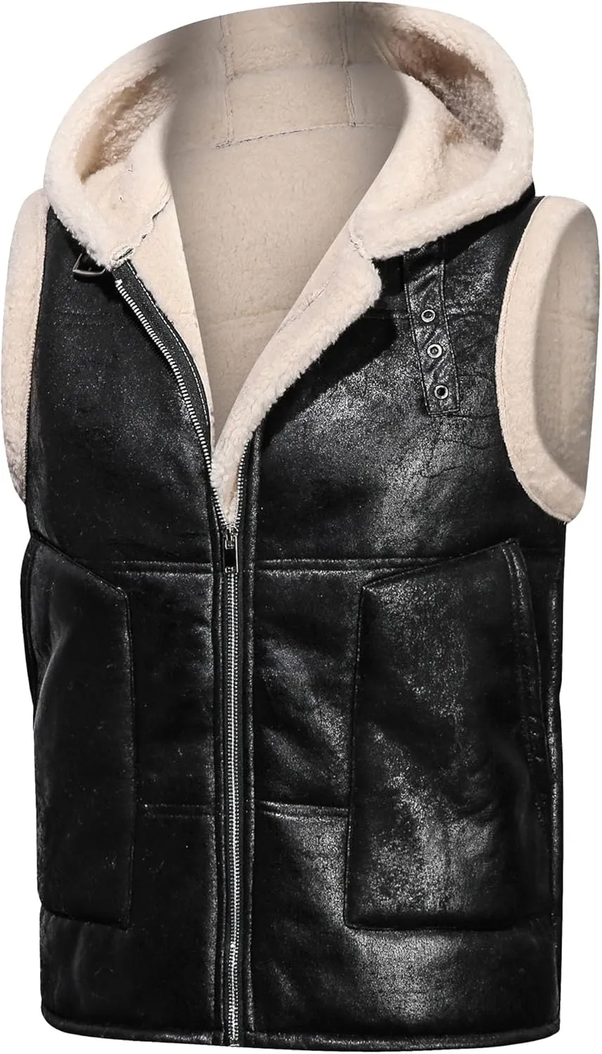 Mens Faux Lambskin Aviator Vest Hoodie Winter Shearling Sheepskin Waistcoat Bomber Aviator Pilot Hood Vests