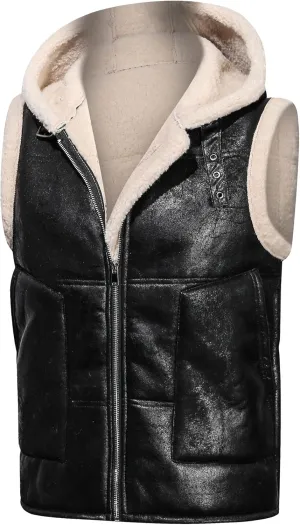 Mens Faux Lambskin Aviator Vest Hoodie Winter Shearling Sheepskin Waistcoat Bomber Aviator Pilot Hood Vests
