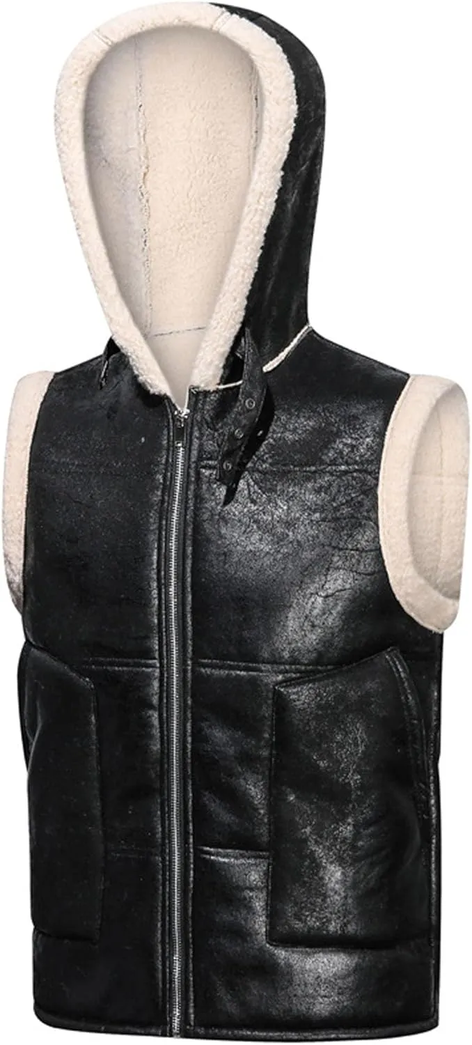 Mens Faux Lambskin Aviator Vest Hoodie Winter Shearling Sheepskin Waistcoat Bomber Aviator Pilot Hood Vests