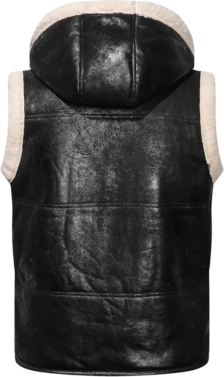 Mens Faux Lambskin Aviator Vest Hoodie Winter Shearling Sheepskin Waistcoat Bomber Aviator Pilot Hood Vests
