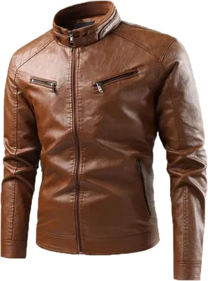 Men's Faux Zip-Up Slim Armor Leather Jacket Stand Collar PU Motorcycle Biker Outerwear Long Sleeve Coat Jackets