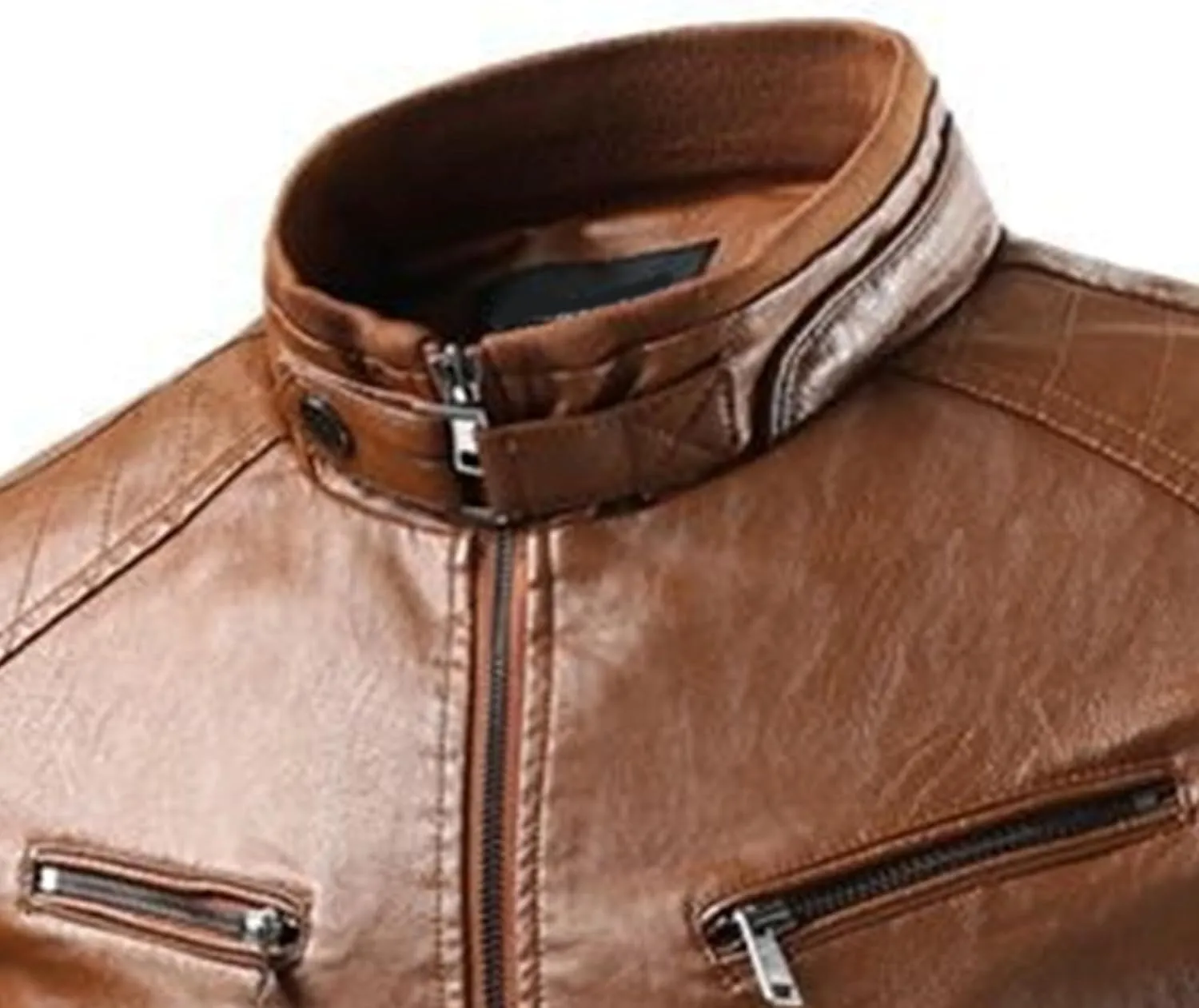 Men's Faux Zip-Up Slim Armor Leather Jacket Stand Collar PU Motorcycle Biker Outerwear Long Sleeve Coat Jackets