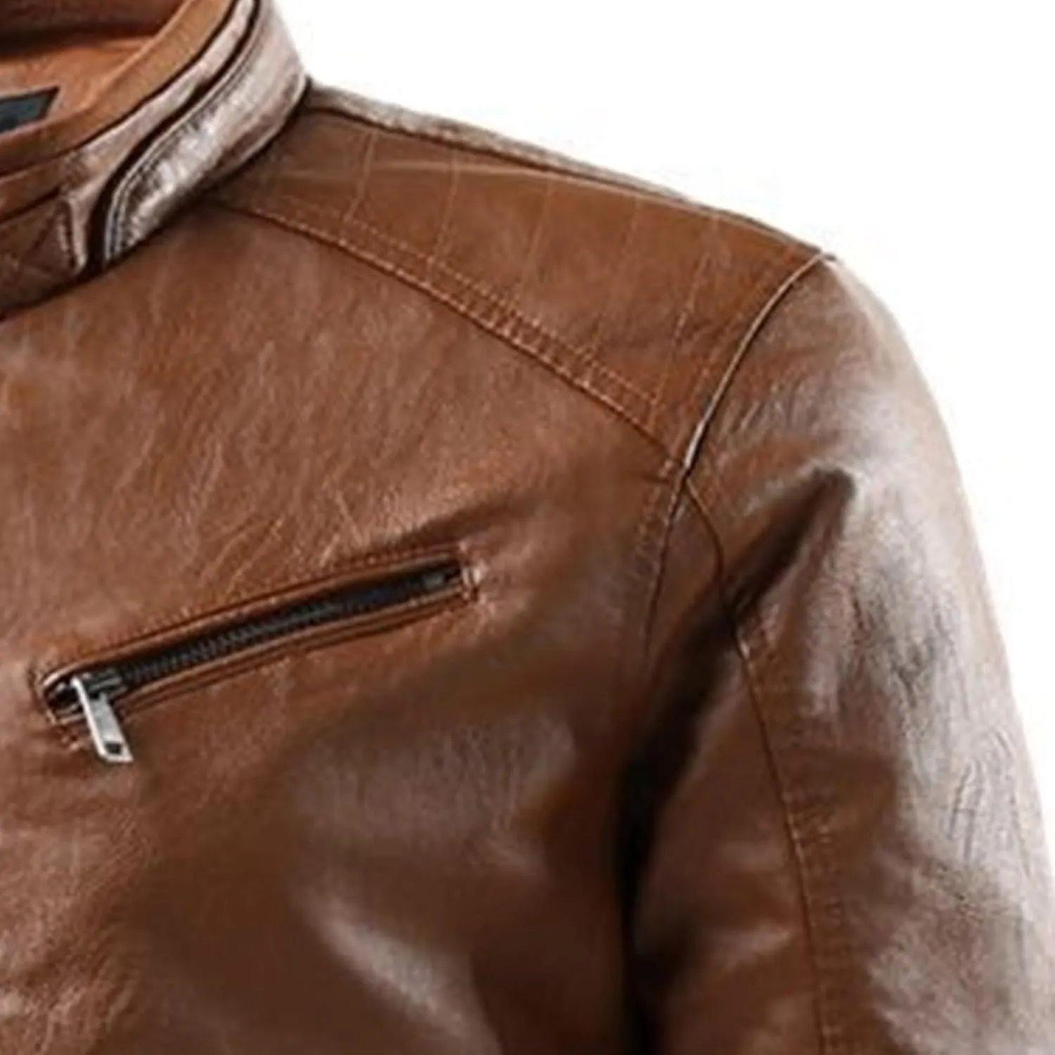 Men's Faux Zip-Up Slim Armor Leather Jacket Stand Collar PU Motorcycle Biker Outerwear Long Sleeve Coat Jackets