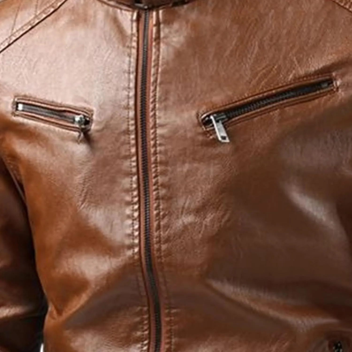 Men's Faux Zip-Up Slim Armor Leather Jacket Stand Collar PU Motorcycle Biker Outerwear Long Sleeve Coat Jackets