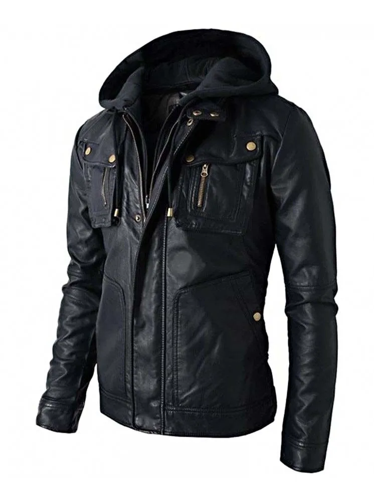 Men's Hooded Biker Leather Jacket for Winter Riding