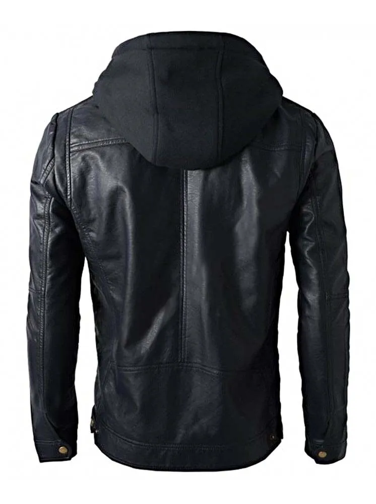 Men's Hooded Biker Leather Jacket for Winter Riding
