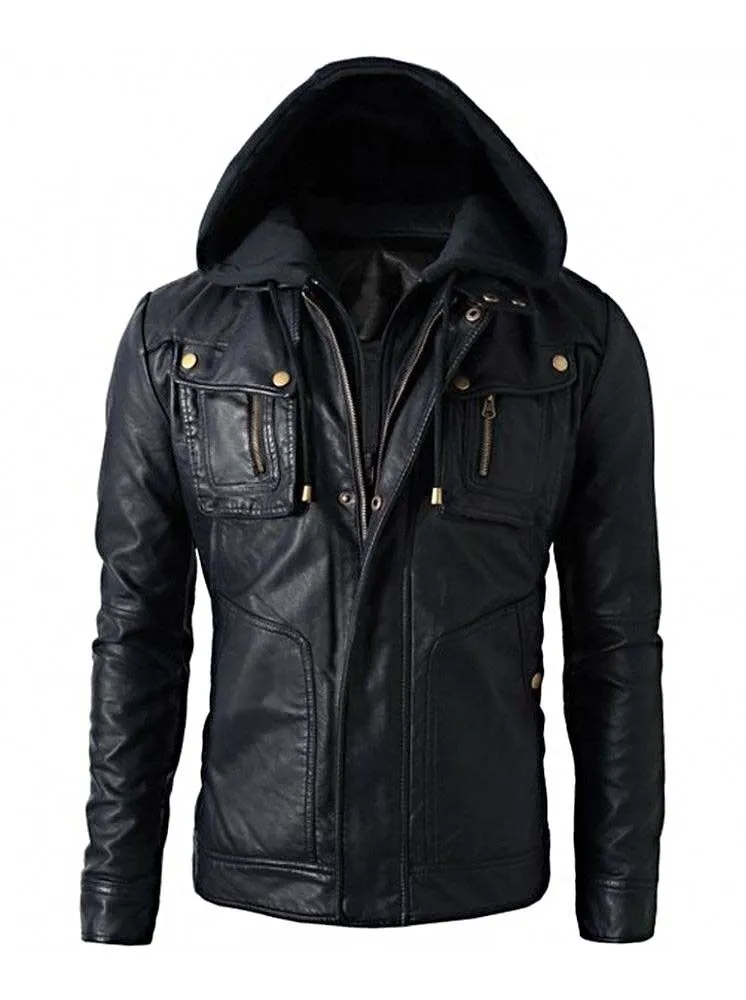 Men's Hooded Biker Leather Jacket for Winter Riding