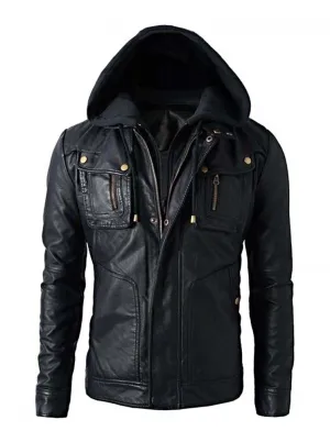 Men's Hooded Biker Leather Jacket for Winter Riding