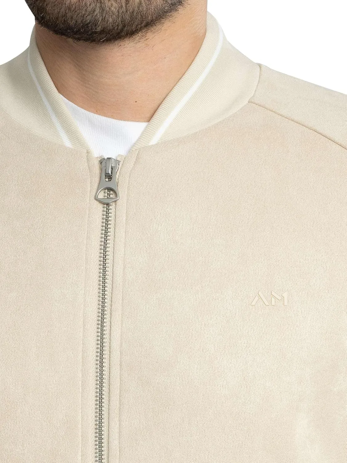 Men's Logo Suede Bomber Jacket, Beige