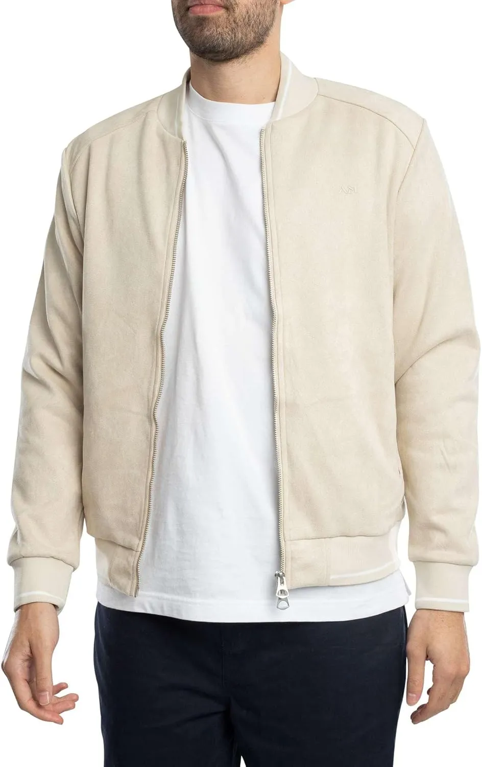 Men's Logo Suede Bomber Jacket, Beige