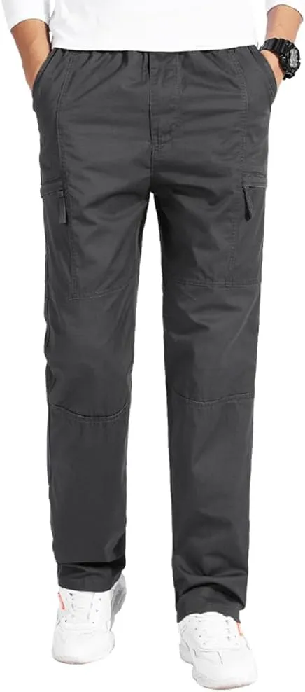 Men's Loose Fit Cargo Pants Drawstring Cotton Tactical Pants with Zipper Pockets