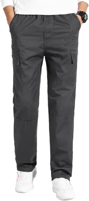 Men's Loose Fit Cargo Pants Drawstring Cotton Tactical Pants with Zipper Pockets