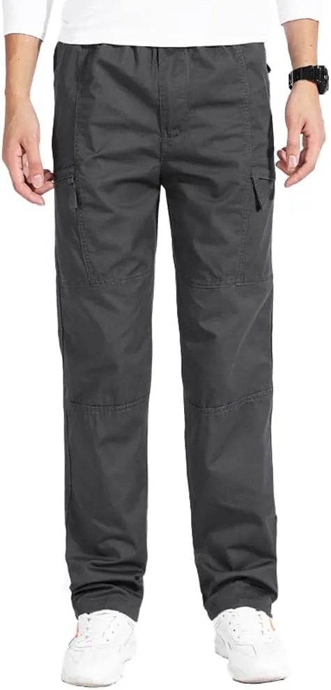 Men's Loose Fit Cargo Pants Drawstring Cotton Tactical Pants with Zipper Pockets